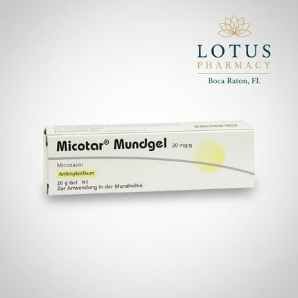 Micotar Oral Gel is a German antifungal medicine containing miconazole 20 mg per gram. It is used for the treatment of fungal infections affecting the mucous membranes of the mouth and throat, including oral candidiasis (oral thrush).

The product is supplied as a white oral gel in a 20 g tube and includes a double-ended measuring spoon with 1 mL and 2 mL measures. It is intended for infants from 4 months of age, children, and adults when used according to the package leaflet or healthcare professional inst