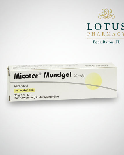 Micotar Oral Gel is a German antifungal medicine containing miconazole 20 mg per gram. It is used for the treatment of fungal infections affecting the mucous membranes of the mouth and throat, including oral candidiasis (oral thrush).

The product is supplied as a white oral gel in a 20 g tube and includes a double-ended measuring spoon with 1 mL and 2 mL measures. It is intended for infants from 4 months of age, children, and adults when used according to the package leaflet or healthcare professional inst