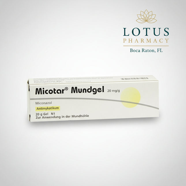 Micotar Oral Gel is a German antifungal medicine containing miconazole 20 mg per gram. It is used for the treatment of fungal infections affecting the mucous membranes of the mouth and throat, including oral candidiasis (oral thrush).

The product is supplied as a white oral gel in a 20 g tube and includes a double-ended measuring spoon with 1 mL and 2 mL measures. It is intended for infants from 4 months of age, children, and adults when used according to the package leaflet or healthcare professional inst