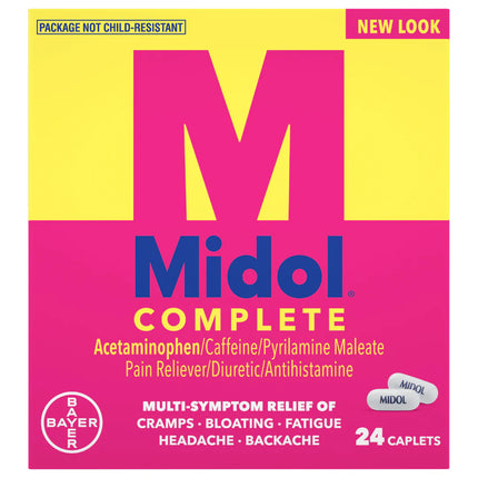 Midol, Midol Complete, Midol Multi Symptom Relief, Bayer Midol, Menstrual Relief, Period Pain Relief, Menstrual Cramps, Bloating Relief, Water Retention Relief, Fatigue Relief, Acetaminophen 500 mg, Caffeine 60 mg, Pyrilamine Maleate, Women's Health, Menstrual Support, Period Care, Headache Relief, Backache Relief, Muscle Ache Relief, Multi Symptom Formula, OTC Pain Relief, Family Wellness, Мидол, Менструальные Спазмы, Боль При Месячных, Вздутие Живота, Задержка Жидкости, Усталость, Ацетаминофен, Кофеин, Же