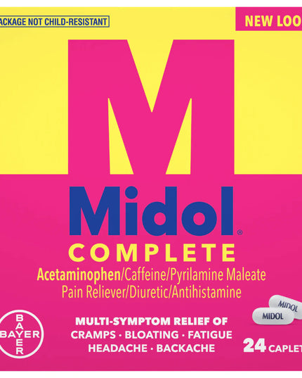 Midol, Midol Complete, Midol Multi Symptom Relief, Bayer Midol, Menstrual Relief, Period Pain Relief, Menstrual Cramps, Bloating Relief, Water Retention Relief, Fatigue Relief, Acetaminophen 500 mg, Caffeine 60 mg, Pyrilamine Maleate, Women's Health, Menstrual Support, Period Care, Headache Relief, Backache Relief, Muscle Ache Relief, Multi Symptom Formula, OTC Pain Relief, Family Wellness, Мидол, Менструальные Спазмы, Боль При Месячных, Вздутие Живота, Задержка Жидкости, Усталость, Ацетаминофен, Кофеин, Же