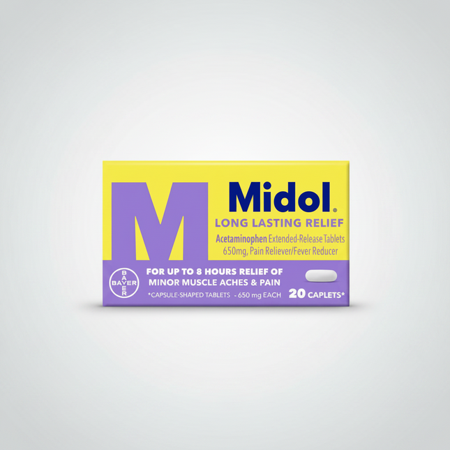 Midol® Long Lasting Relief is formulated to provide extended relief from&nbsp;menstrual cramps, period-related discomfort, headaches, backaches, muscle aches, and minor body pain. Each caplet contains 650 mg of acetaminophen in an extended-release formulation, delivering long-lasting pain relief for up to 8 hours. The caffeine-free formula is gentle for those seeking pain relief without stimulants.