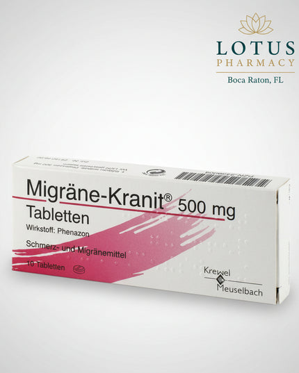 Migräne-Kranit 500 mg is a German pain-relief medicine containing phenazone (phenazone/phenazon) 500 mg per tablet. It is used for the treatment of migraine headache, particularly during the acute phase, as well as mild to moderate pain.