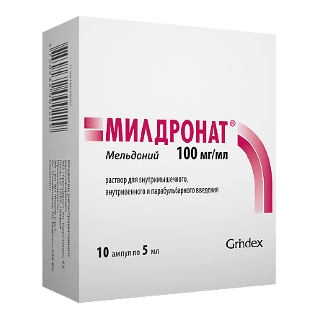 Medication packaging box for MILDROHAT with Grndex branding on a white background