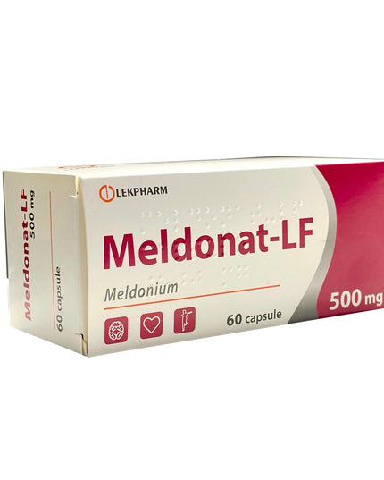 Box of Meldonat-LF capsules with Lekpharm branding on a white background