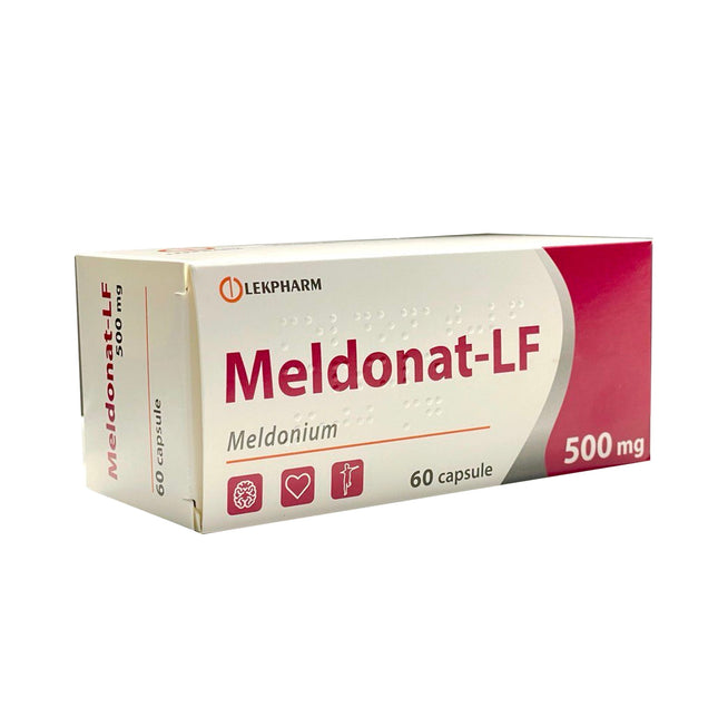 Box of Meldonat-LF capsules with Lekpharm branding on a white background