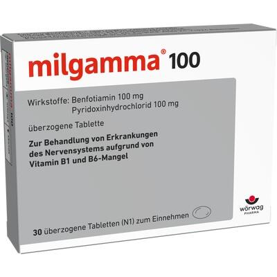 Box of milgamma 100 tablets with German text on a white background