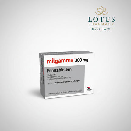 Milgamma® 300 mg by Wörwag Pharma is a German medicinal product containing a high-dose combination of benfotiamine, a lipid-soluble derivative of vitamin B1, and pyridoxine hydrochloride (vitamin B6).