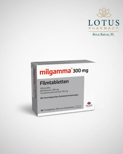 Milgamma® 300 mg by Wörwag Pharma is a German medicinal product containing a high-dose combination of benfotiamine, a lipid-soluble derivative of vitamin B1, and pyridoxine hydrochloride (vitamin B6).