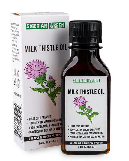 Bottle and box of Siberian Green Milk Thistle Oil on a white background