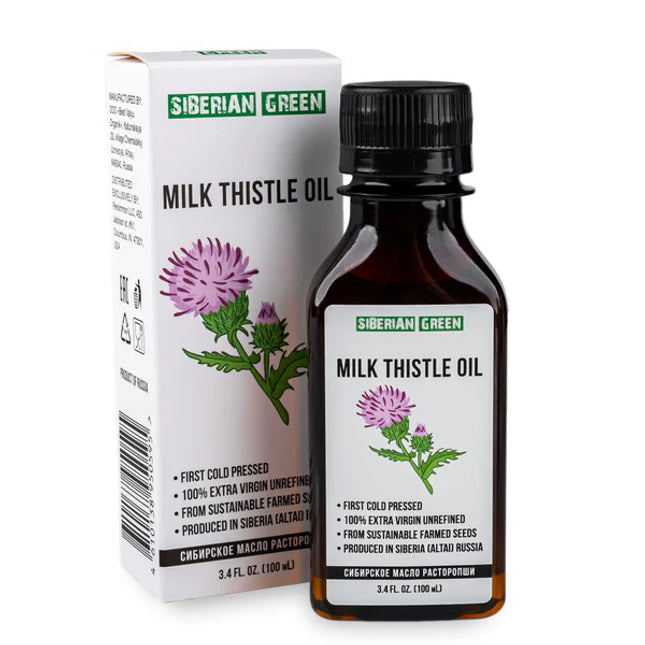 Bottle and box of Siberian Green Milk Thistle Oil on a white background