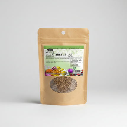 Milk thistle (Silybum marianum) seeds are a traditional botanical known for their naturally occurring flavonoid complex, commonly associated with liver and digestive support. The seeds are often brewed as tea or ground and used in herbal wellness routines.
