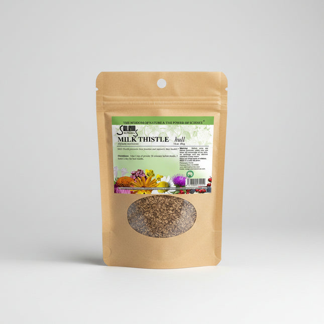 Milk thistle (Silybum marianum) seeds are a traditional botanical known for their naturally occurring flavonoid complex, commonly associated with liver and digestive support. The seeds are often brewed as tea or ground and used in herbal wellness routines.