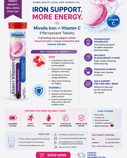 Mivolis® Iron + Vitamin C – 20 Effervescent Tablets | Iron, Vitamin C & B Vitamins for Energy and Blood Formation