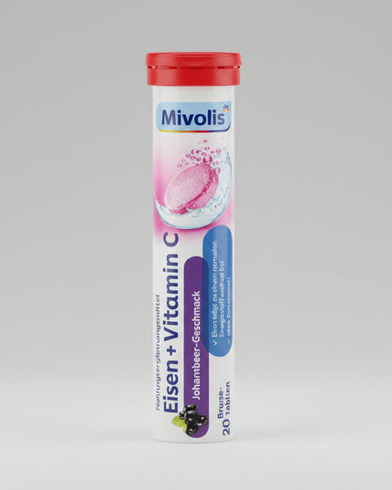 Mivolis Iron + Vitamin C Effervescent Tablets are a convenient dietary supplement formulated with iron and vitamin C to support normal blood formation, energy metabolism, and immune function.

Iron is an essential mineral that contributes to the normal formation of red blood cells and hemoglobin and supports normal oxygen transport in the body. Vitamin C complements iron by increasing iron absorption and contributing to normal immune-system function.