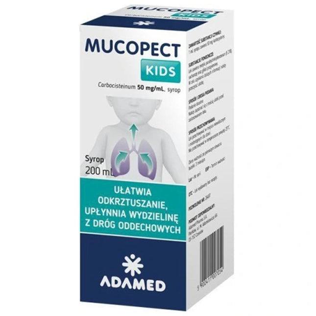 Mucopect Kids syrup packaging with Adamed branding on a white background