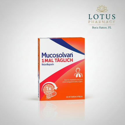 Mucosolvan® 1× täglich Retardkapseln is a German expectorant medicine containing ambroxol hydrochloride 75 mg per prolonged-release capsule. It is designed for once-daily administration and provides sustained release of ambroxol throughout the day.

Mucosolvan is used for expectorant treatment of acute and chronic diseases of the bronchi and lungs associated with abnormal mucus formation and impaired mucus transport.