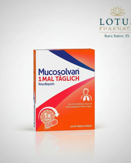Mucosolvan® 1× täglich Retardkapseln is a German expectorant medicine containing ambroxol hydrochloride 75 mg per prolonged-release capsule. It is designed for once-daily administration and provides sustained release of ambroxol throughout the day.

Mucosolvan is used for expectorant treatment of acute and chronic diseases of the bronchi and lungs associated with abnormal mucus formation and impaired mucus transport.
