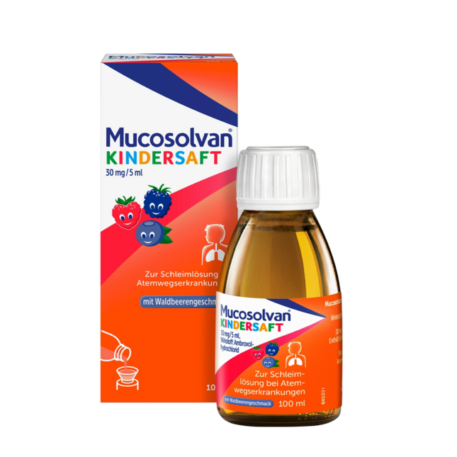 Mucosolvan Kindersaft bottle and packaging on a white background