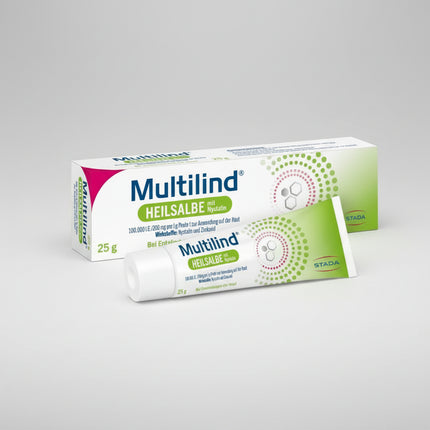 Multilind® Healing Ointment with Nystatin and Zinc Oxide is a German topical medicinal product formulated for inflamed, irritated, sore, and yeast-infected skin.

The formula combines nystatin 100,000 IU/g, a topical antifungal active against yeasts such as Candida albicans, with zinc oxide 200 mg/g (20%), which helps protect irritated skin and manage inflamed and weeping skin conditions.