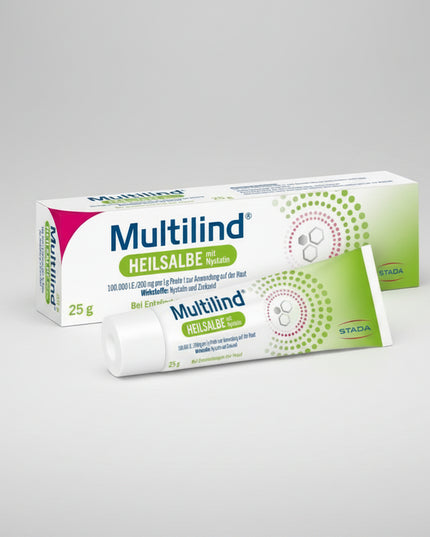 Multilind® Healing Ointment with Nystatin and Zinc Oxide is a German topical medicinal product formulated for inflamed, irritated, sore, and yeast-infected skin.

The formula combines nystatin 100,000 IU/g, a topical antifungal active against yeasts such as Candida albicans, with zinc oxide 200 mg/g (20%), which helps protect irritated skin and manage inflamed and weeping skin conditions.
