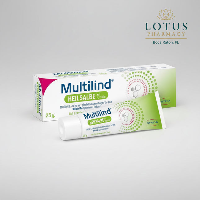 Multilind® Healing Ointment with Nystatin and Zinc Oxide is a German topical medicinal product formulated for inflamed, irritated, sore, and yeast-infected skin.

The formula combines nystatin 100,000 IU/g, a topical antifungal active against yeasts such as Candida albicans, with zinc oxide 200 mg/g (20%), which helps protect irritated skin and manage inflamed and weeping skin conditions.
