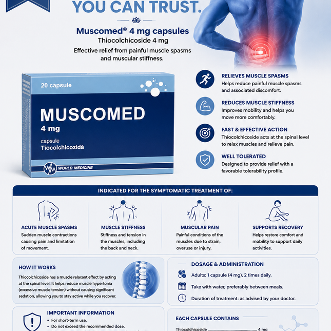 Muscle Relaxant for Muscle Spasms & Back Pain |Muscomed® 4 mg Capsules – 20 Capsules