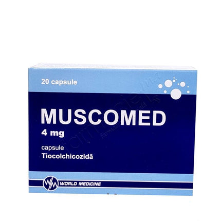 Box of Muscomed capsules with blue and white design on a white background
