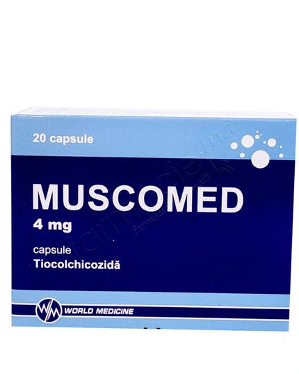 Box of Muscomed capsules with blue and white design on a white background