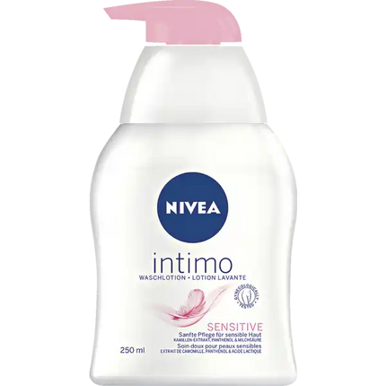 Nivea Intimo sensitive wash lotion bottle with pink pump on a white background