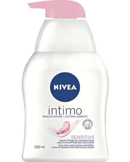 Nivea Intimo sensitive wash lotion bottle with pink pump on a white background
