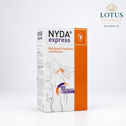 NYDA Express is a German medical device for the physical treatment of head lice (Pediculosis capitis). Its dimeticone-based formula penetrates the respiratory system of lice, larvae, and eggs, displacing oxygen and physically suffocating them rather than acting as a conventional insecticide. When used correctly, it targets adult lice, larvae, and nits/eggs.