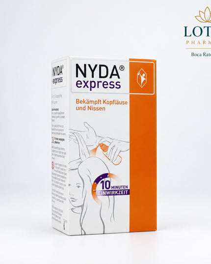 NYDA Express is a German medical device for the physical treatment of head lice (Pediculosis capitis). Its dimeticone-based formula penetrates the respiratory system of lice, larvae, and eggs, displacing oxygen and physically suffocating them rather than acting as a conventional insecticide. When used correctly, it targets adult lice, larvae, and nits/eggs.