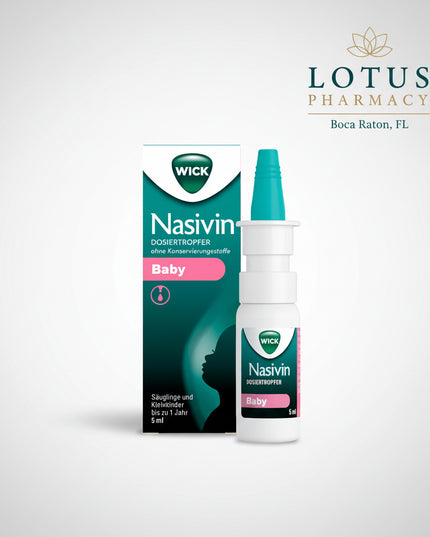 Nasivin Baby is a preservative-free nasal decongestant specially formulated for newborns and infants from birth to 1 year. It contains a very low concentration of oxymetazoline hydrochloride 0.01%, designed to gently relieve nasal congestion while being safe for delicate infant nasal mucosa.