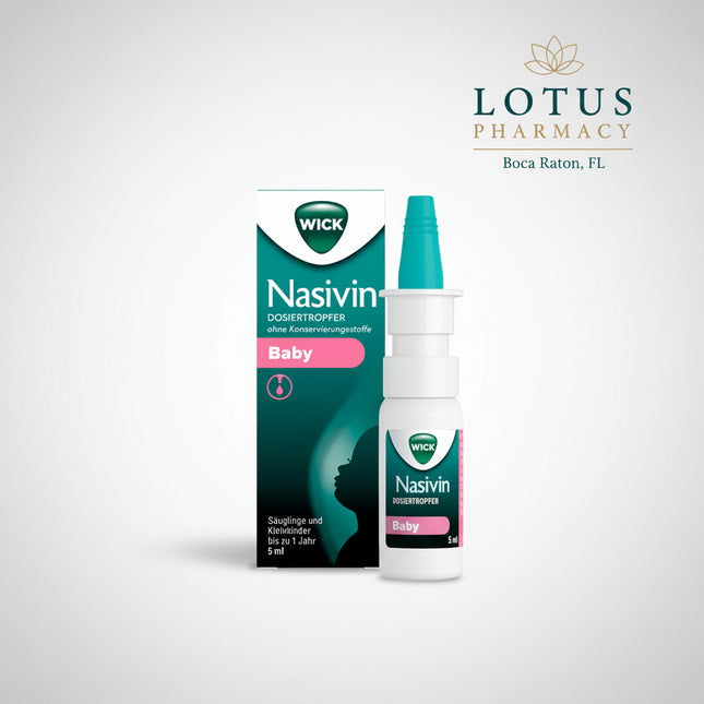 Nasivin Baby is a preservative-free nasal decongestant specially formulated for newborns and infants from birth to 1 year. It contains a very low concentration of oxymetazoline hydrochloride 0.01%, designed to gently relieve nasal congestion while being safe for delicate infant nasal mucosa.