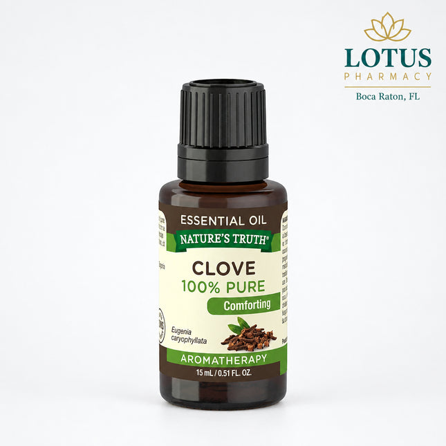 Nature's Truth Comforting Clove Pure Essential Oil is a&nbsp;100% pure, steam-distilled essential oil derived from the flower buds of Eugenia caryophyllata (also known as Syzygium aromaticum). It features a rich, warm, woody, and spicy aroma that helps create a comforting and inviting atmosphere. Ideal for aromatherapy, diffusers, massage (when properly diluted), baths, yoga, meditation, and DIY home fragrance projects, this premium essential oil is GC/MS tested for purity, non-GMO, gluten-free, paraben-fre