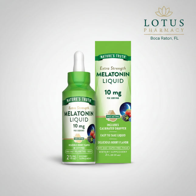 Nature's Truth Extra Strength Melatonin Liquid provides 10 mg of melatonin per serving in a convenient fast-absorbing liquid formula. Melatonin is a naturally occurring hormone that helps regulate the body's sleep-wake cycle and supports healthy sleep patterns. This berry-flavored liquid is ideal for individuals who prefer an alternative to tablets or capsules and is designed to support occasional sleeplessness, travel-related sleep disruptions, and healthy nighttime rest.