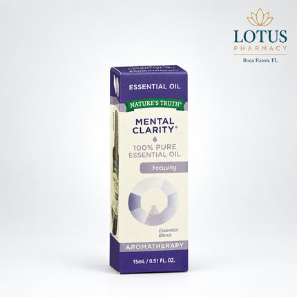 Nature's Truth Focusing Mental Clarity Pure Essential Oil is a premium botanical blend of 100% pure essential oils crafted to promote a refreshing and uplifting aromatherapy experience. Featuring an invigorating combination of basil, rosemary, peppermint, lemon, bergamot, cardamom, ylang ylang, geranium, chamomile, and jasmine oils, this blend offers a sweet herbal aroma with floral notes designed to help create an environment that encourages focus, motivation, and mental clarity