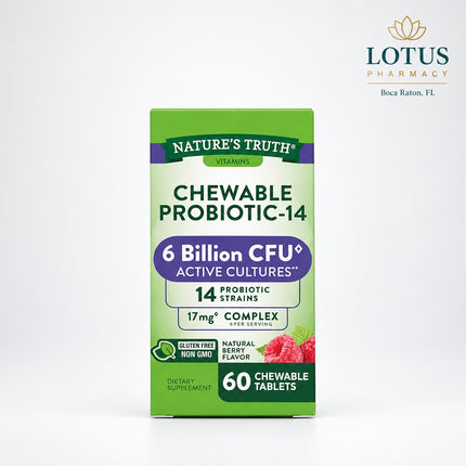 Nature’s Truth Probiotic-14 is a daily chewable probiotic supplement formulated to support digestive and intestinal wellness in adults. Each serving provides a proprietary blend containing 6 billion CFU from 14 probiotic strains at the time of manufacture. The berry-flavored chewable format is convenient for people who prefer not to swallow capsules. Nature’s Truth states that the product is vegetarian, stomach-friendly, and does not require refrigeration.