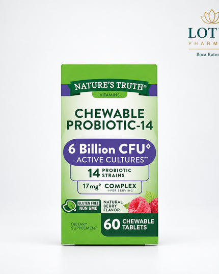 Nature’s Truth Probiotic-14 is a daily chewable probiotic supplement formulated to support digestive and intestinal wellness in adults. Each serving provides a proprietary blend containing 6 billion CFU from 14 probiotic strains at the time of manufacture. The berry-flavored chewable format is convenient for people who prefer not to swallow capsules. Nature’s Truth states that the product is vegetarian, stomach-friendly, and does not require refrigeration.