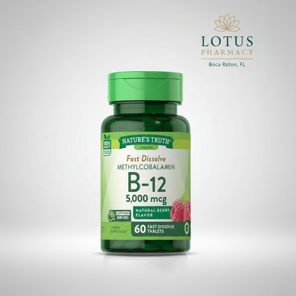 Nature's Truth® Vitamin B-12 delivers&nbsp;5,000 mcg of Methylcobalamin, the biologically active form of Vitamin B-12, in convenient fast-dissolve tablets with a natural berry flavor. These tablets dissolve quickly in the mouth without water and are formulated to support energy metabolism, nervous system health, and healthy red blood cell production. The formula is vegan-friendly, non-GMO, and free from common allergens.