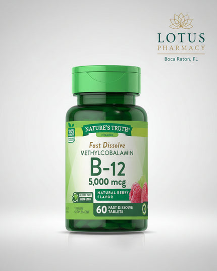 Nature's Truth® Vitamin B-12 delivers&nbsp;5,000 mcg of Methylcobalamin, the biologically active form of Vitamin B-12, in convenient fast-dissolve tablets with a natural berry flavor. These tablets dissolve quickly in the mouth without water and are formulated to support energy metabolism, nervous system health, and healthy red blood cell production. The formula is vegan-friendly, non-GMO, and free from common allergens.
