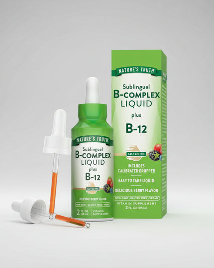 Nature’s Truth Vitamin B12 Sublingual Liquid Drops provide a high-potency 10,000 mcg dose of vitamin B12 in a fast-acting liquid formula designed for sublingual absorption. Vitamin B12 plays an essential role in energy metabolism, nervous system function, and red blood cell formation. The berry-flavored liquid is vegan, non-GMO, and gluten free.