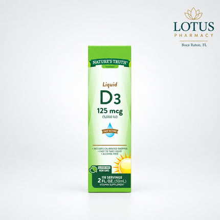 Nature’s Truth Vitamin D3 Liquid provides a high-potency 5000 IU (125 mcg) dose of vitamin D3 in an easy-to-take liquid format. Vitamin D3, known as the “sunshine vitamin,” plays an essential role in calcium absorption, bone strength, immune support, and muscle function. The fast-acting liquid formula is designed for convenient daily supplementation and easy absorption.&nbsp;