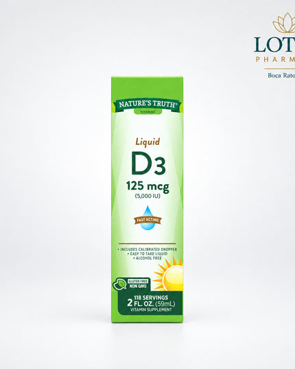 Nature’s Truth Vitamin D3 Liquid provides a high-potency 5000 IU (125 mcg) dose of vitamin D3 in an easy-to-take liquid format. Vitamin D3, known as the “sunshine vitamin,” plays an essential role in calcium absorption, bone strength, immune support, and muscle function. The fast-acting liquid formula is designed for convenient daily supplementation and easy absorption.&nbsp;