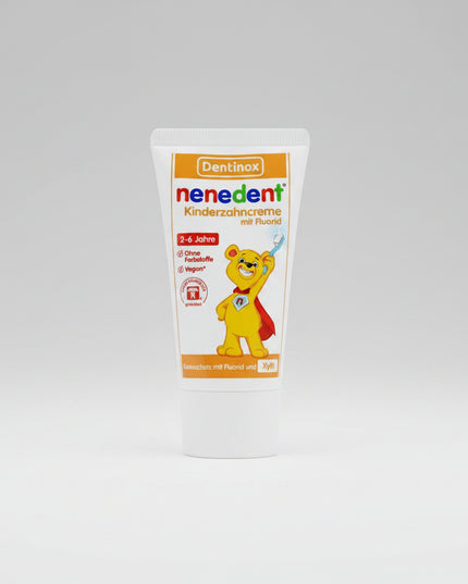 Nenedent® Children's Toothpaste is a gentle toothpaste specially developed for children's primary teeth. It combines fluoride and 13% xylitol to help strengthen enamel, reduce the risk of cavities, and support healthy tooth development while gently cleaning delicate baby teeth
