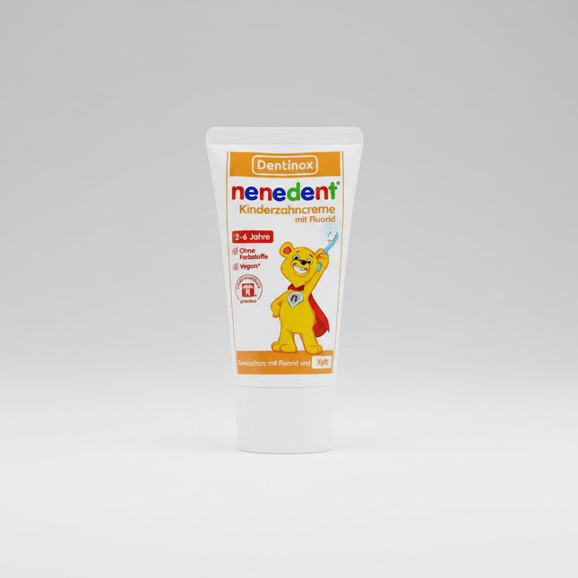 Nenedent® Children's Toothpaste is a gentle toothpaste specially developed for children's primary teeth. It combines fluoride and 13% xylitol to help strengthen enamel, reduce the risk of cavities, and support healthy tooth development while gently cleaning delicate baby teeth