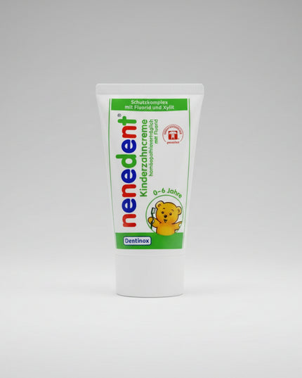 Nenedent® Children's Toothpaste is a gentle toothpaste specially developed for children's primary teeth. It combines fluoride and 13% xylitol to help strengthen enamel, reduce the risk of cavities, and support healthy tooth development while gently cleaning delicate baby teeth