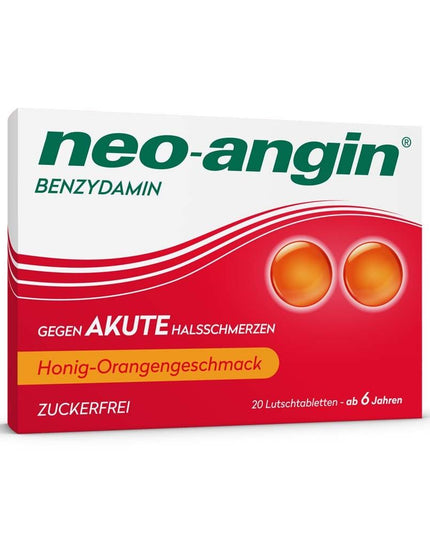 Box of neo-angin with honey-orange flavor on a white background