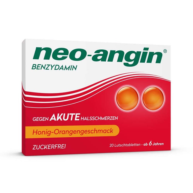 Box of neo-angin with honey-orange flavor on a white background